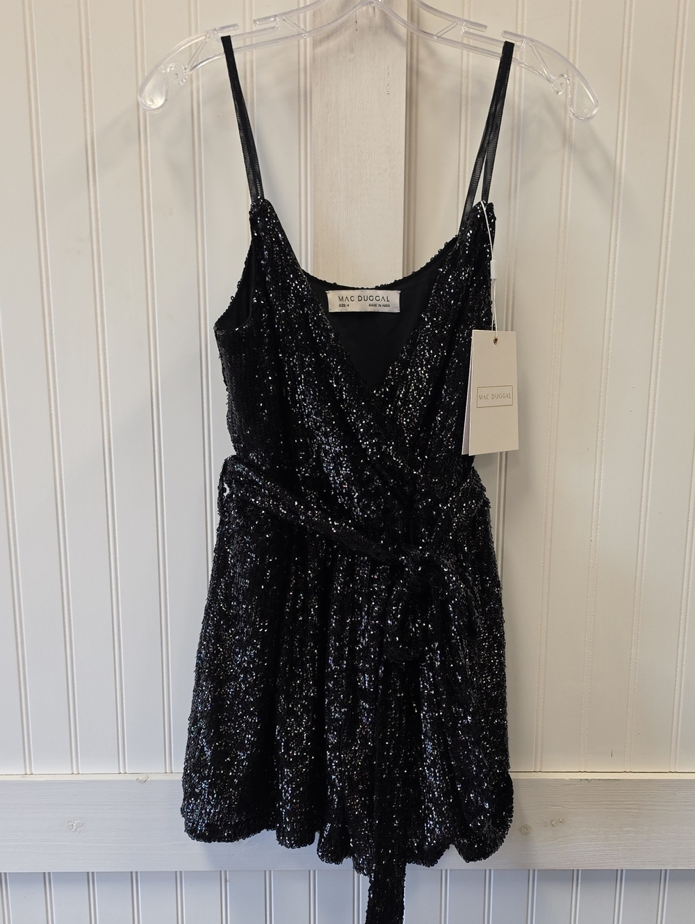 Mac Duggal NWT Black Sequin Tie Waist Spaghetti Strap Romper Dress Sze 4 #17026